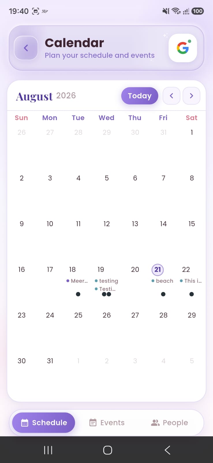 Tuck-in calendar showing planned events