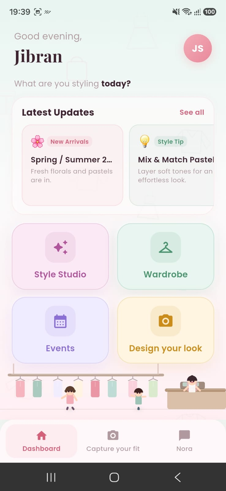 Tuck-in dashboard with Style Studio, Wardrobe, Events and Design your look