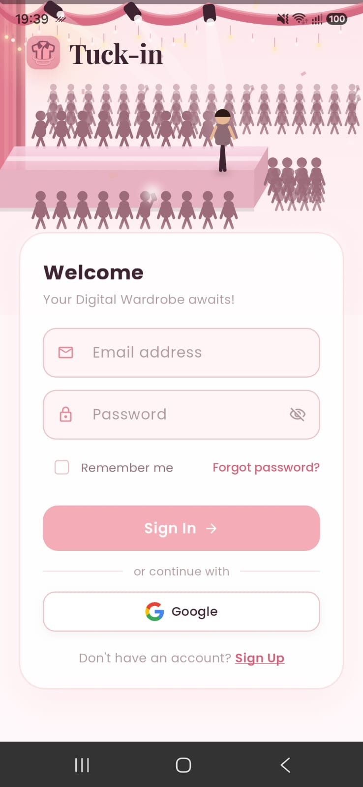Tuck-in welcome and sign-in screen