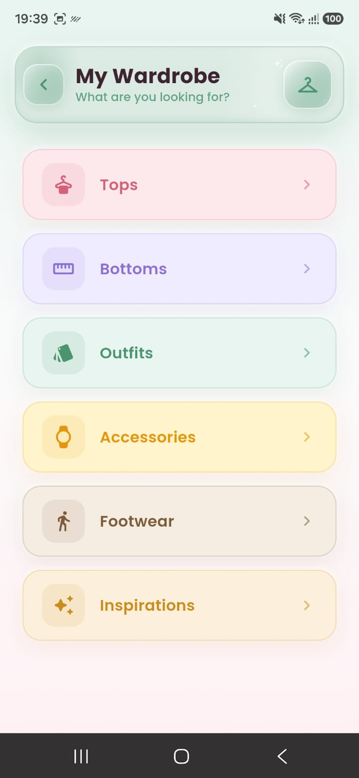 My Wardrobe categories: Tops, Bottoms, Outfits, Accessories, Footwear, Inspirations